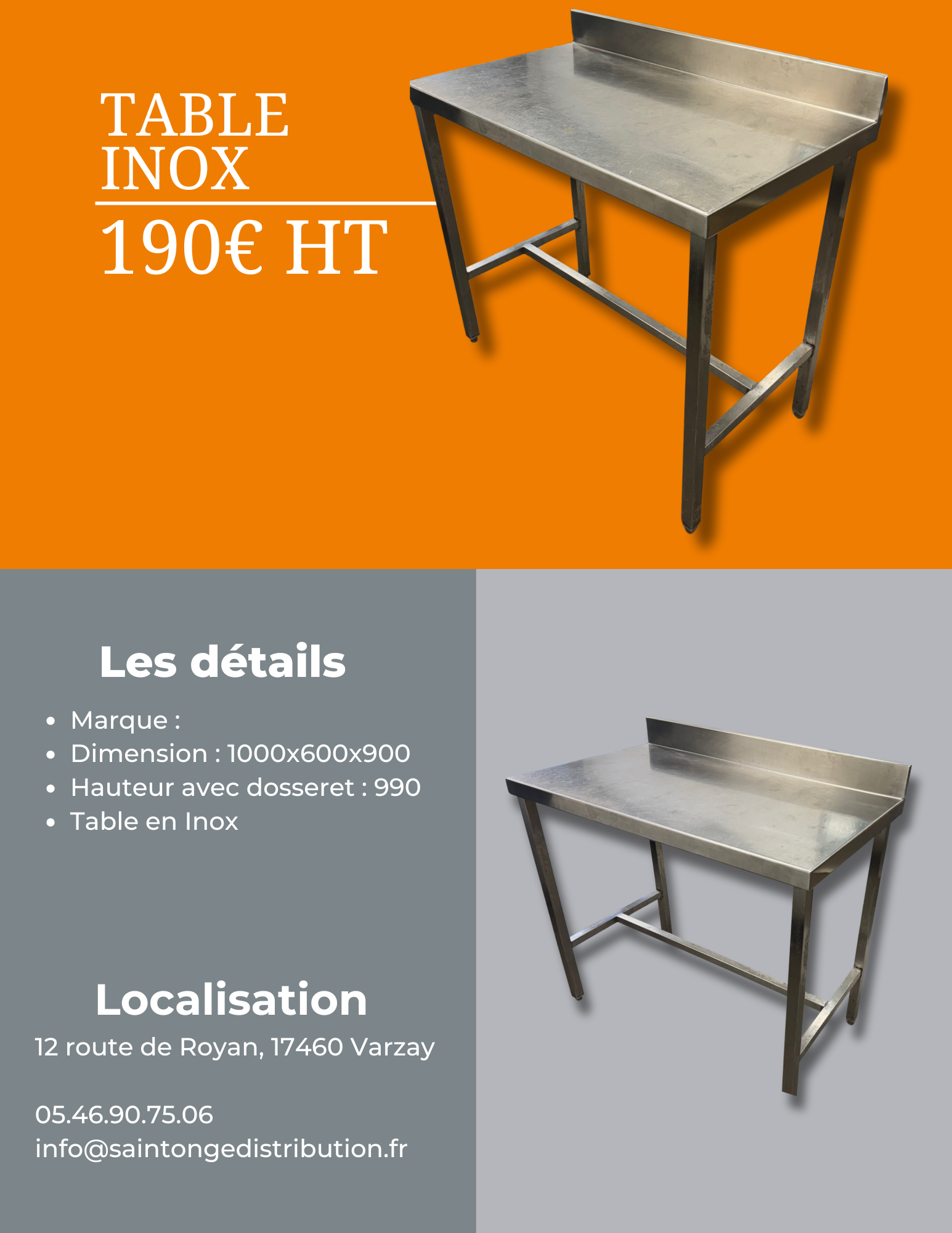 Saintonge Matériel Table Inox pro 1000x600x900 reconditionnée