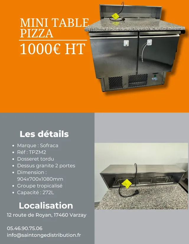 Sofraca TPZM2 Mini table pizza 2 portes 272L dessus granite