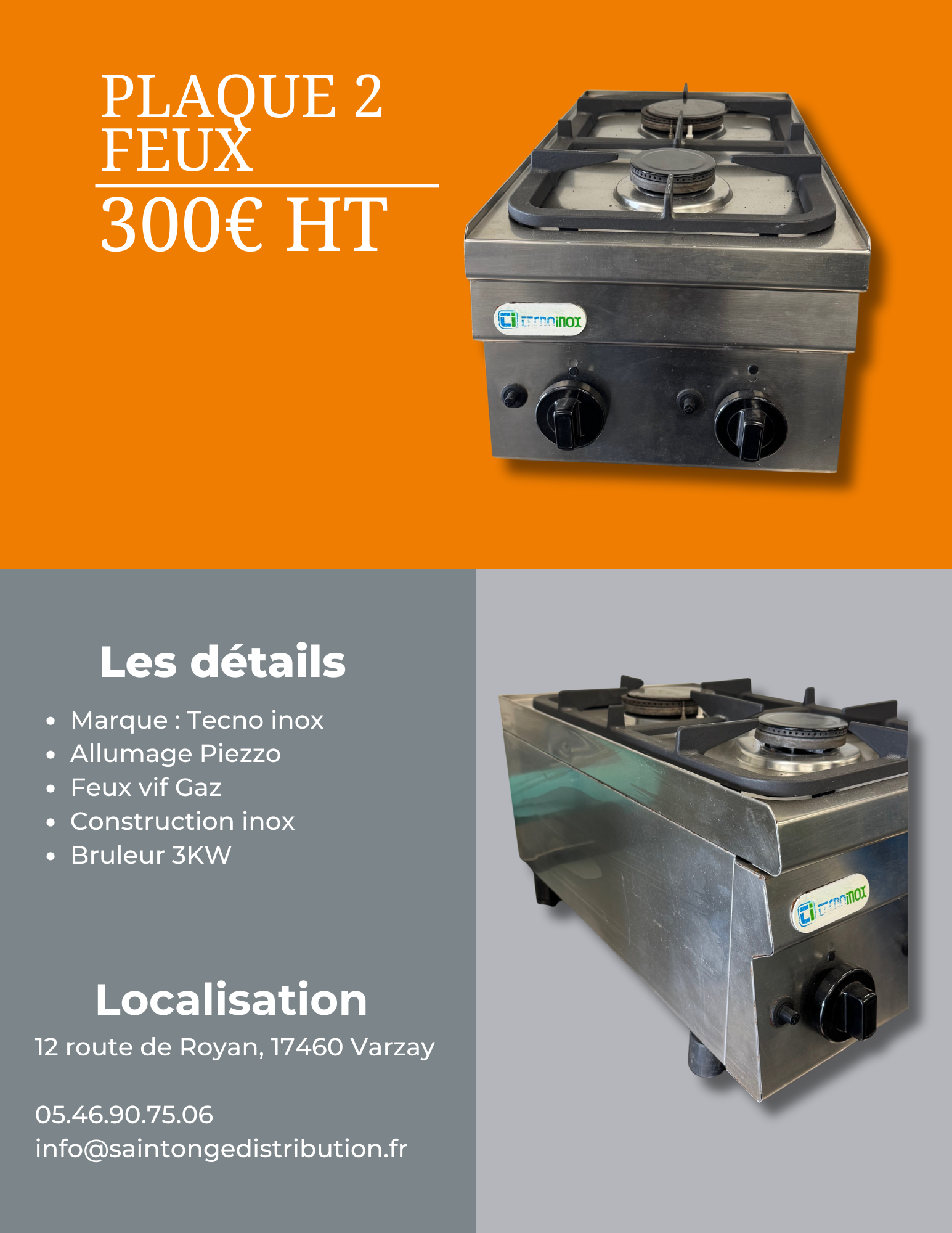 TechnoInox plaque 2 feux gaz inox reconditionnée