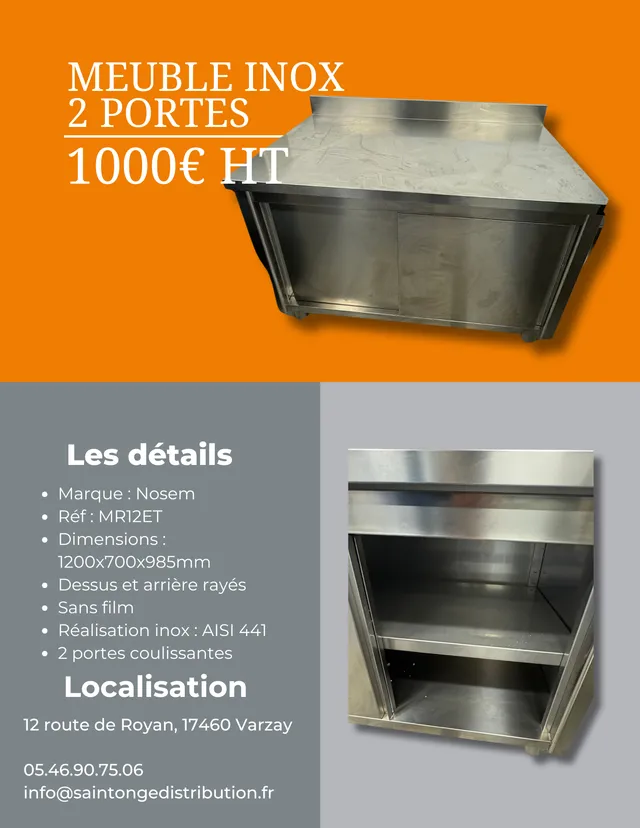 Saintonge Matériel Meuble inox 2 portes MR12ET 1200mm