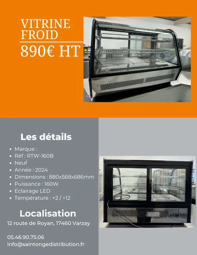 Cuistance RTW-160B vitrine de comptoir à poser 880mm réfrigérée