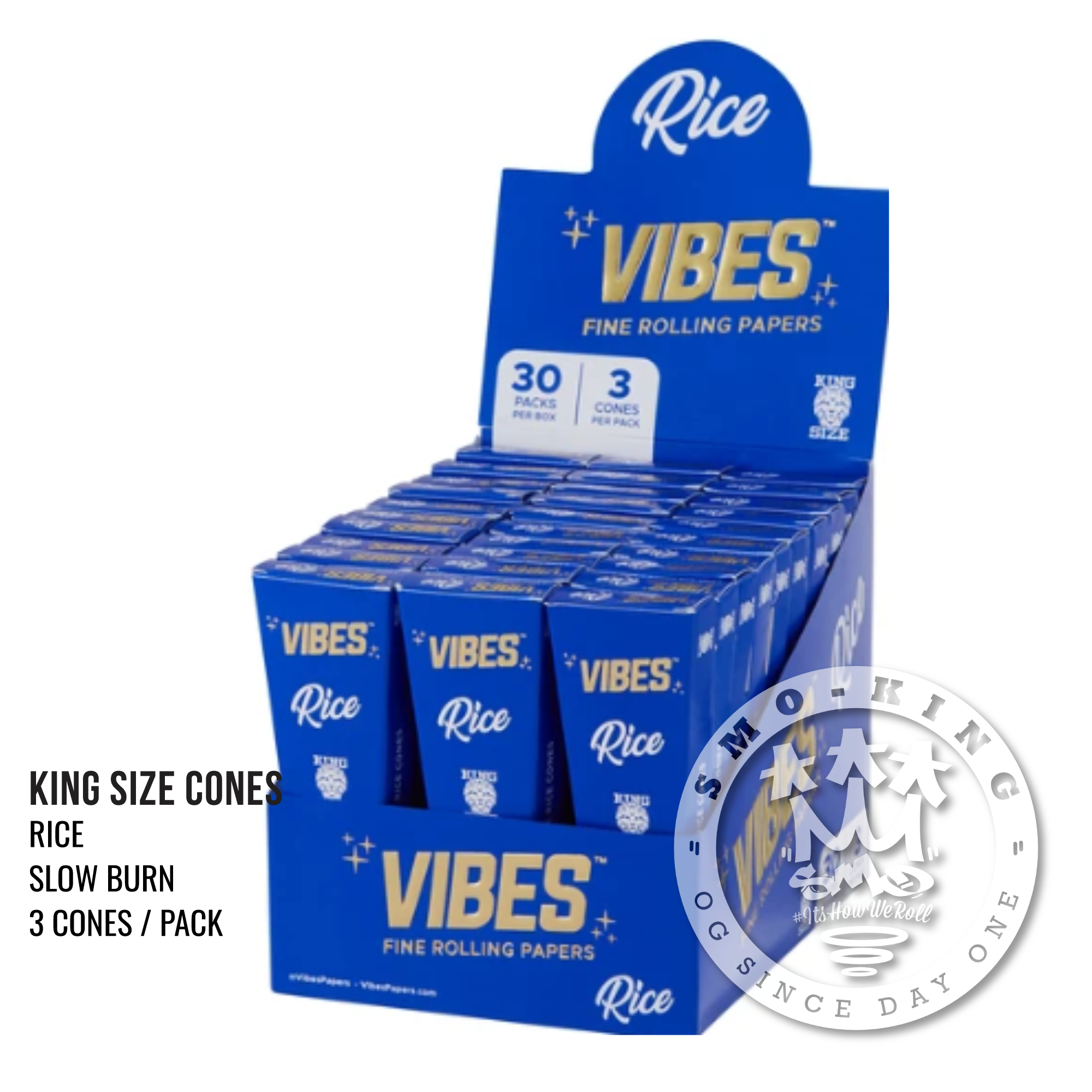 Vibes Blue Rice cônes pré-roulés king size x3 combustion lente