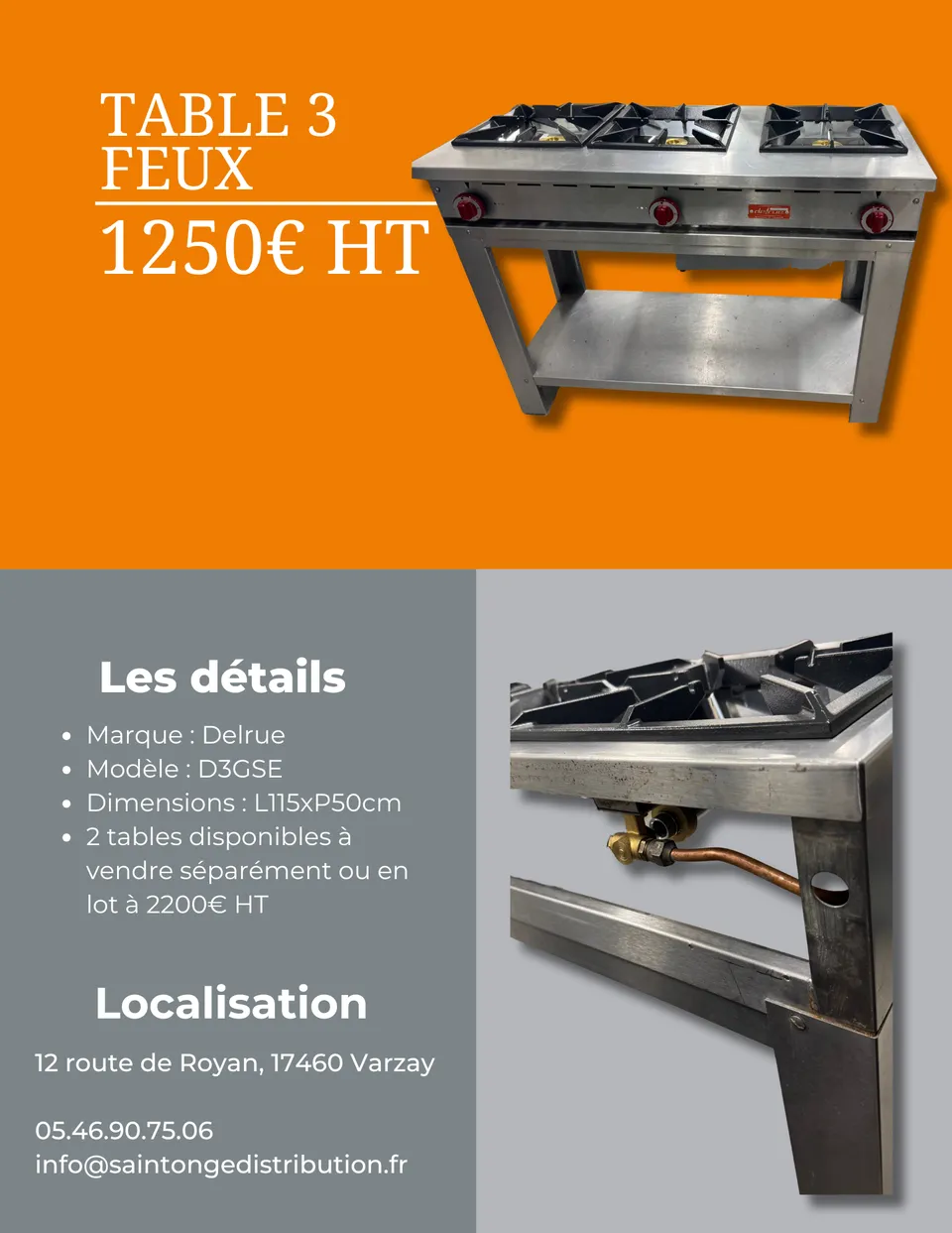 Delrue D3GSE Table 3 Feux Pro reconditionnée 115cm