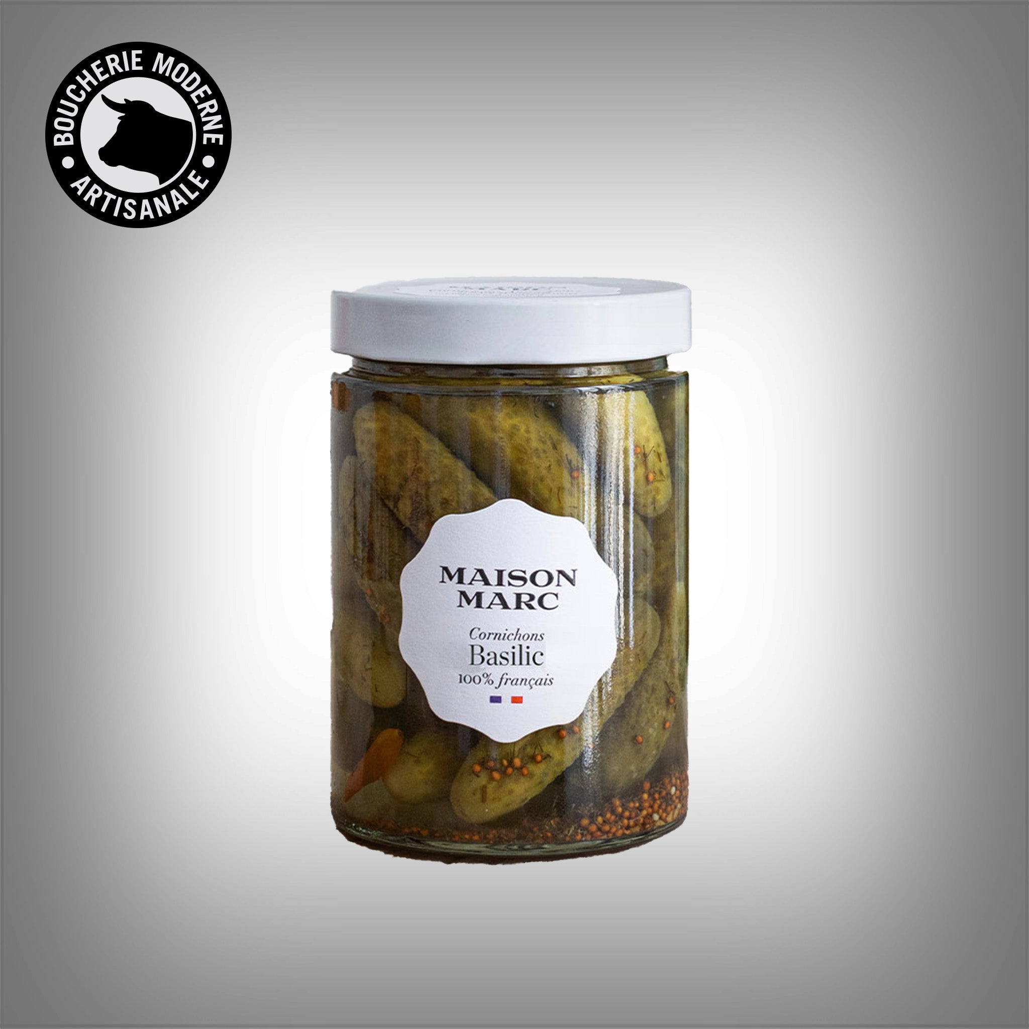 Boucherie Moderne Épicerie cornichons basilic 420g Marc