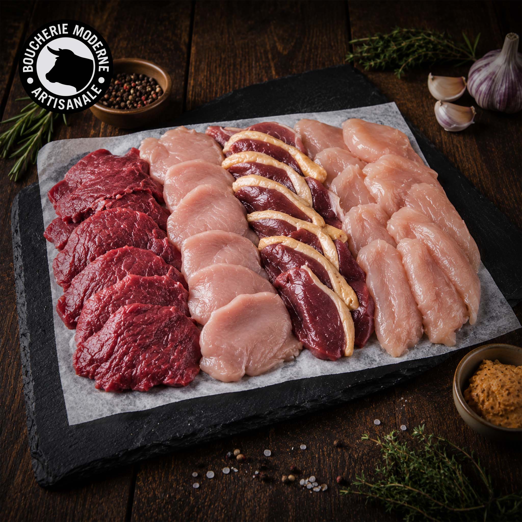 Boucherie Moderne Volaille Pierrade mixte 200g bœuf poulet porc