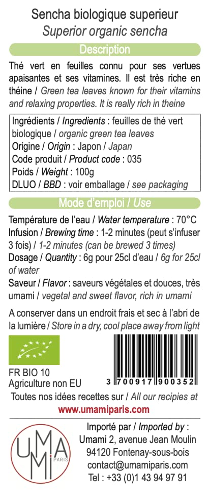 Umami Paris Sencha supérieur thé vert bio 100g vitamines
